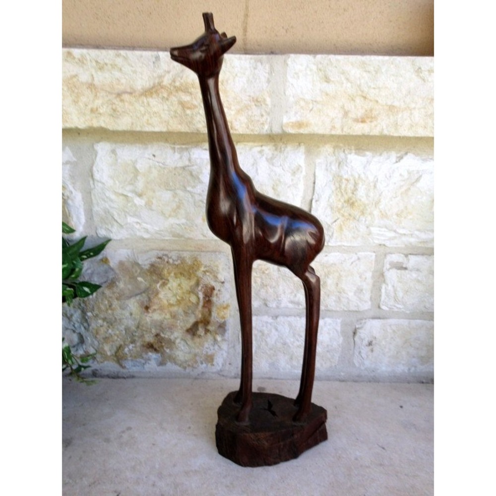 Hand Carved Dark Wood Large 21" Standing Giraffe Figurine Exotic Safari Animal